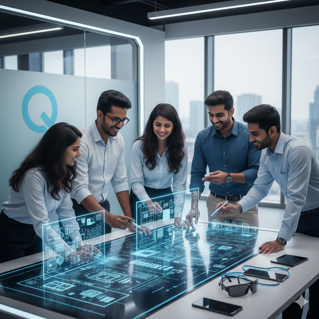 iverse young Indian engineers collaborating on holographic 5G circuits and wireless devices in a modern Hyderabad tech office, with a subtle Qualcomm-branded backdrop.