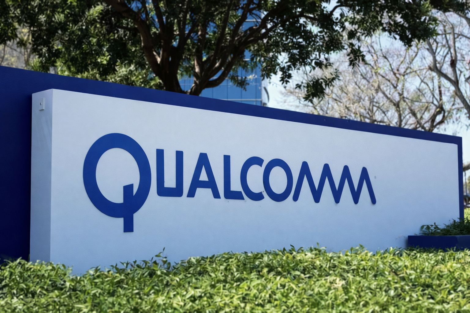 Qualcomm Hyderabad campus exterior showcasing company signage and corporate office environment