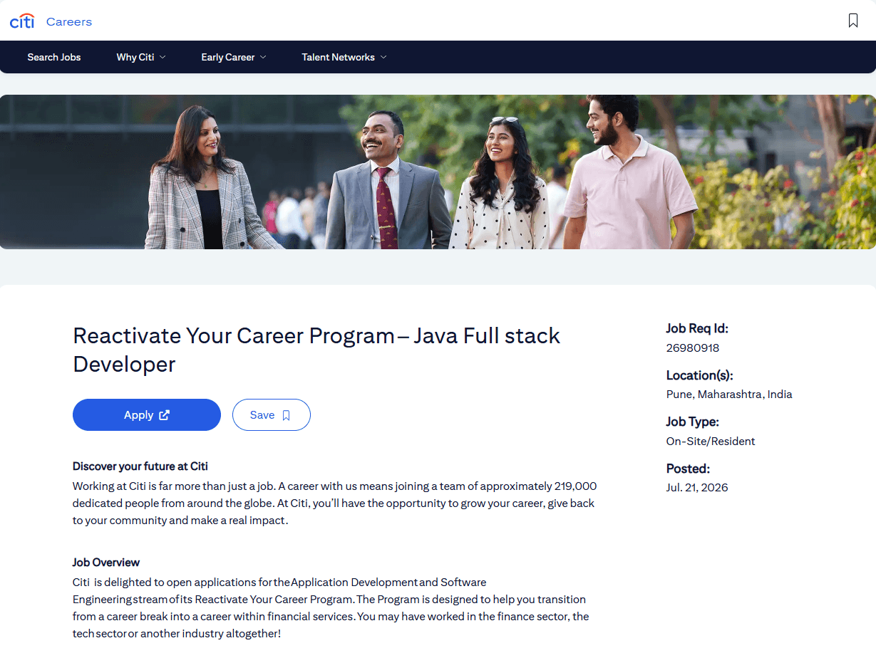 Java Full Stack Dev @ Citi Reactivate 2026 – Pune (4-5 yrs) Apply Now